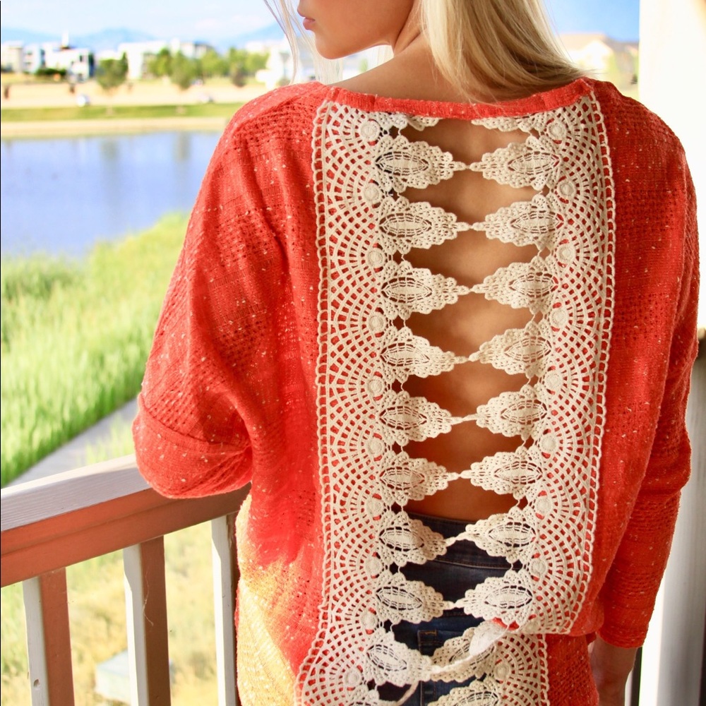 Orange Sweater with Lace Detail